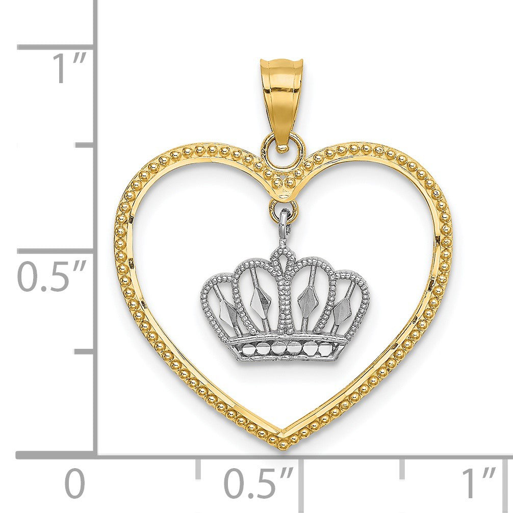 14k and White Rhodium Beaded Heart with Dangling Crown Charm