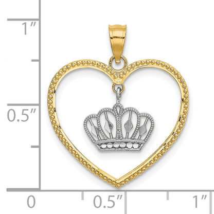 14k and White Rhodium Beaded Heart with Dangling Crown Charm