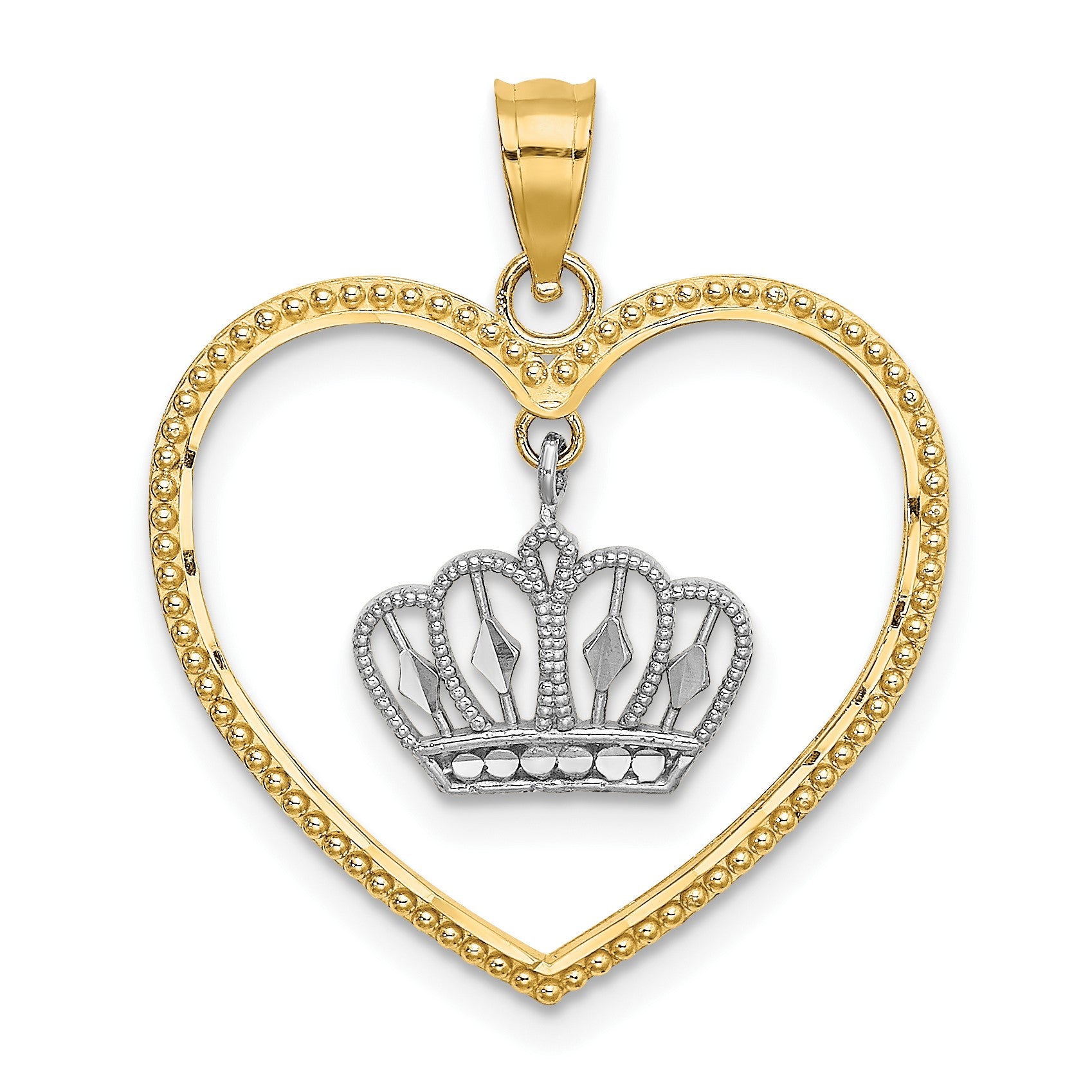 14k and White Rhodium Beaded Heart with Dangling Crown Charm