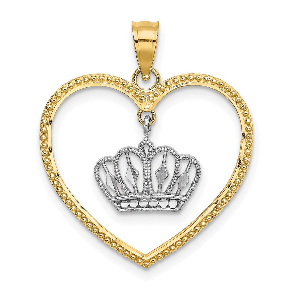 14k& White Rhodium Beaded Heart w/ Dangling Crown Charm