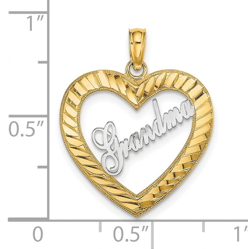 14k with White Rhodium Diamond-cut GRANDMA Heart Charm