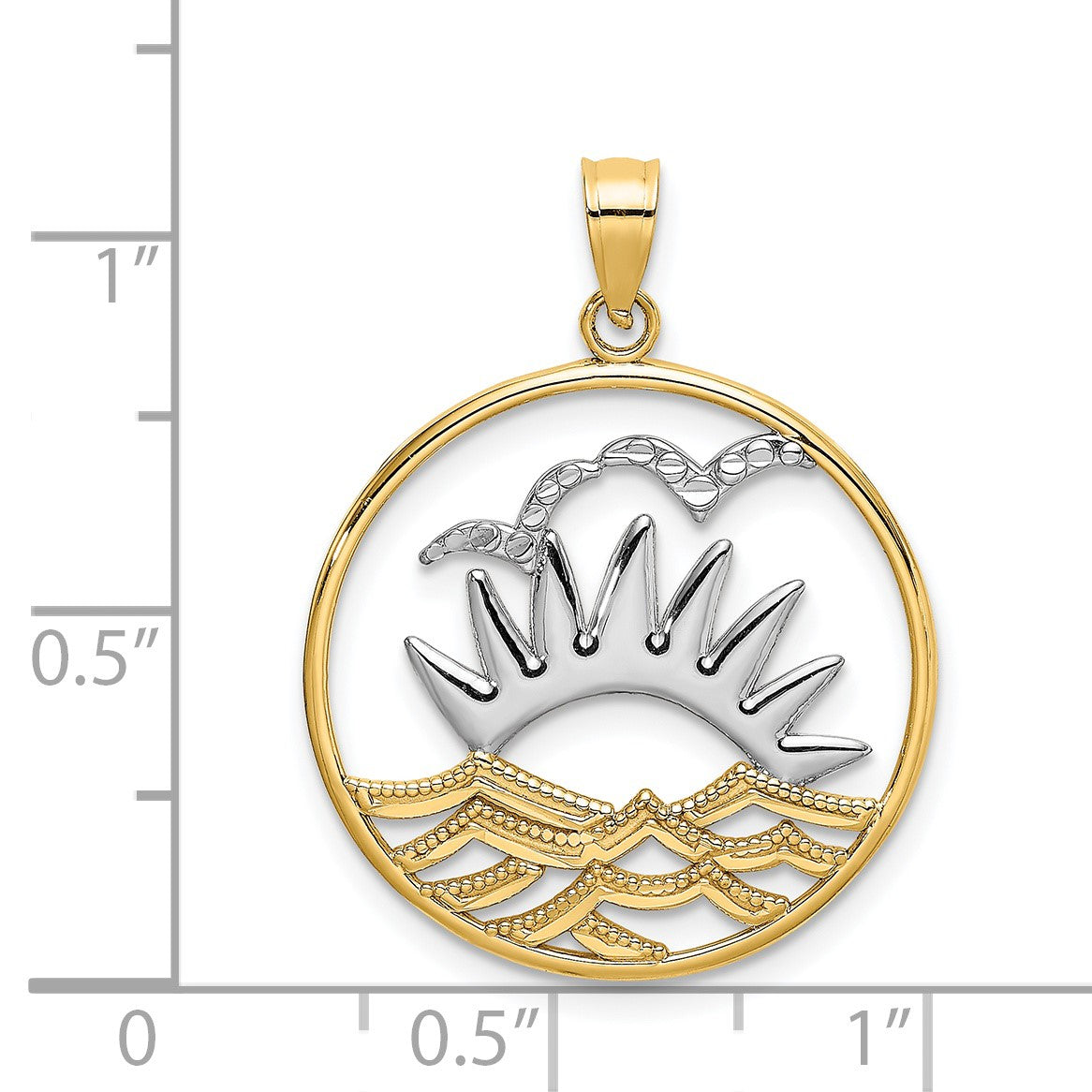 14K and White Rhodium Sunset and Water In Circle Charm