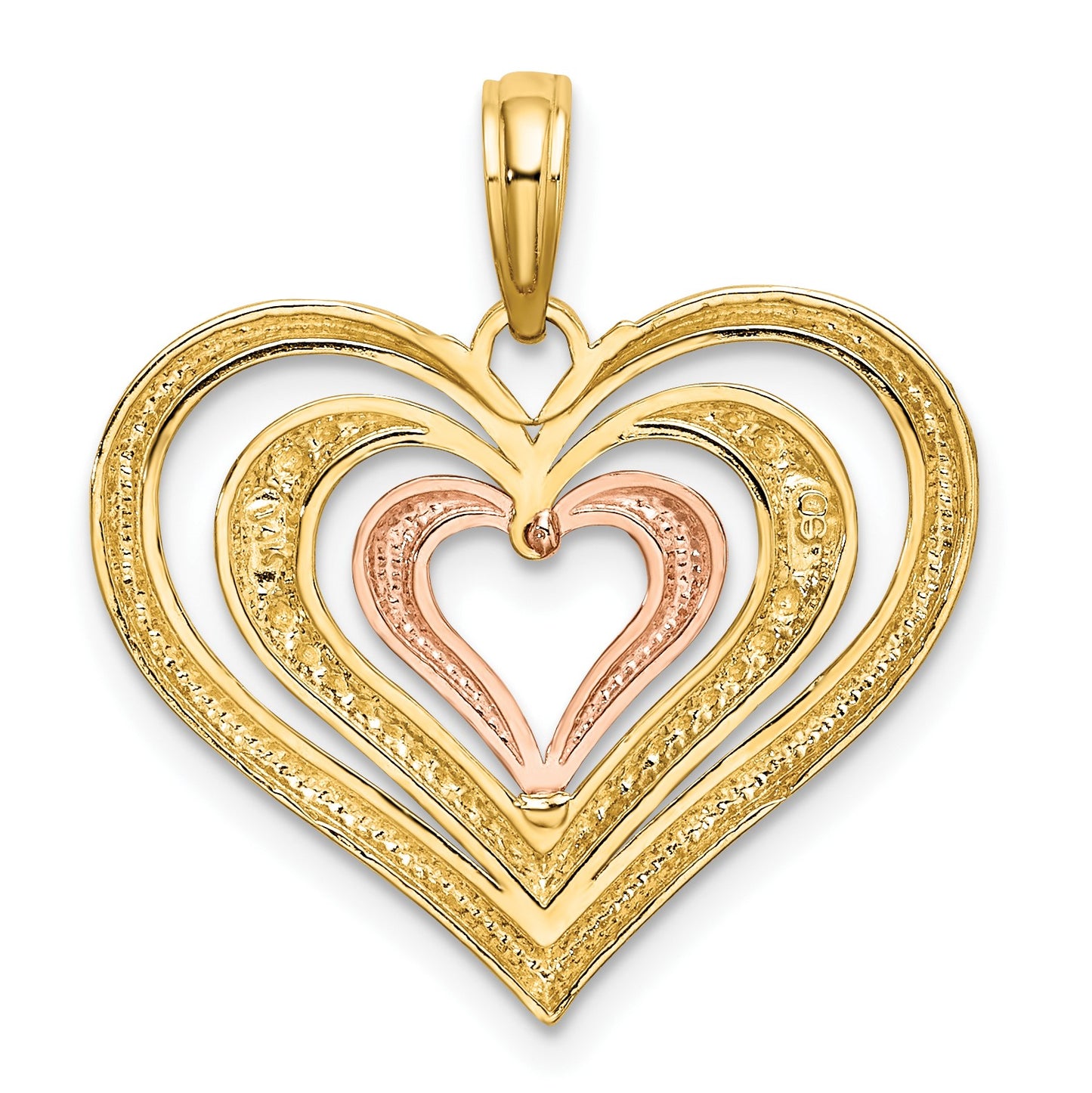 14k Two-tone with White Rhodium Textured and Polished Triple Hearts Charm