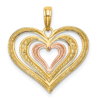 14k Two-tone with White Rhodium Textured and Polished Triple Hearts Charm