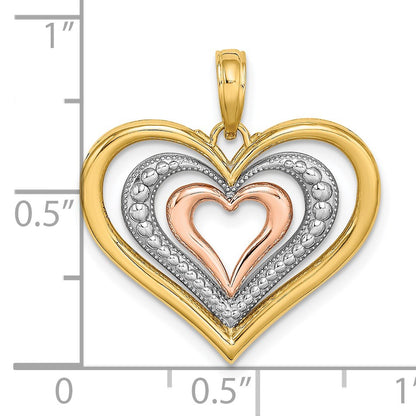 14k Two-tone with White Rhodium Textured and Polished Triple Hearts Charm
