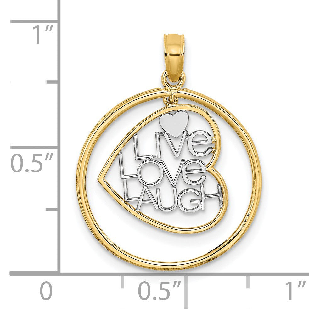14k and White Rhodium LIVE LOVE LAUGH Heart Dangling In Circle Charm