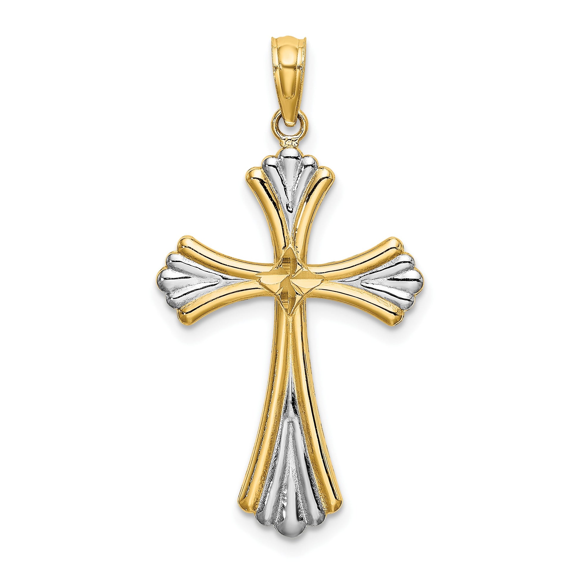 14K and White Rhodium and Diamond-cut Reversible Cross Charm