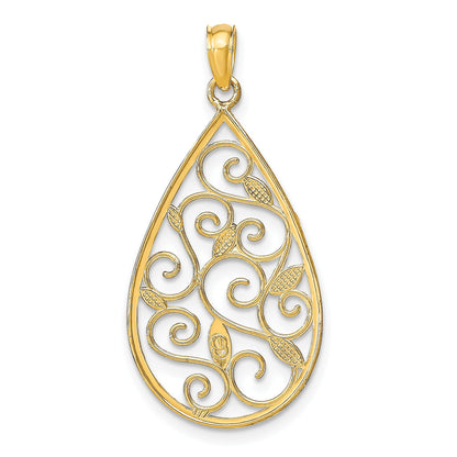 14k and White Rhodium Beaded Filigree Diamond-cut Teardrop Charm
