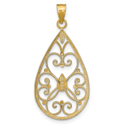 14k and White Rhodium Heart Beaded Filigree Diamond-cut Teardrop Charm