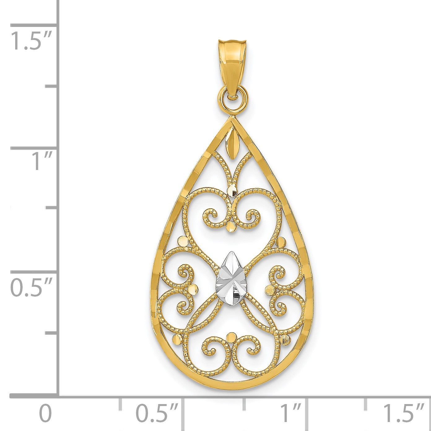 14k and White Rhodium Heart Beaded Filigree Diamond-cut Teardrop Charm
