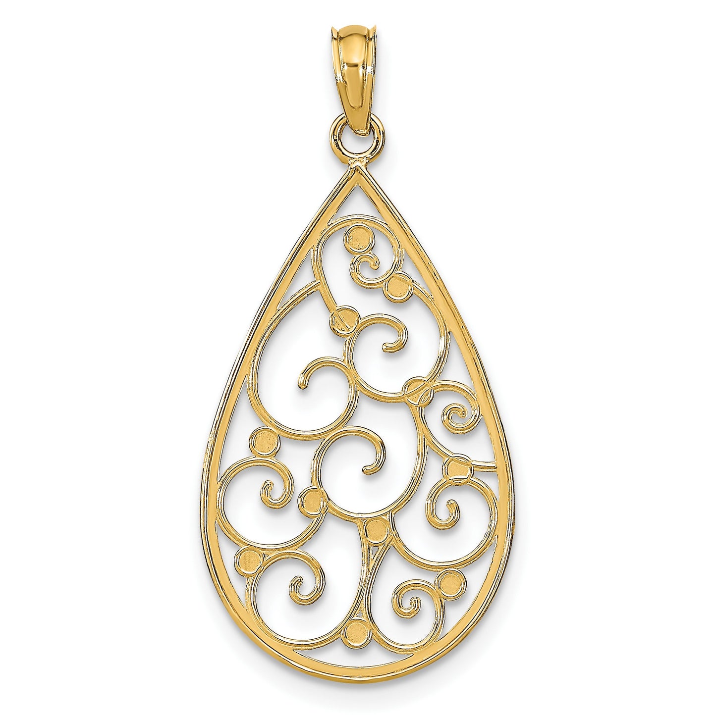 14k and White Rhodium Beaded Filigree Diamond-cut Teardrop Charm