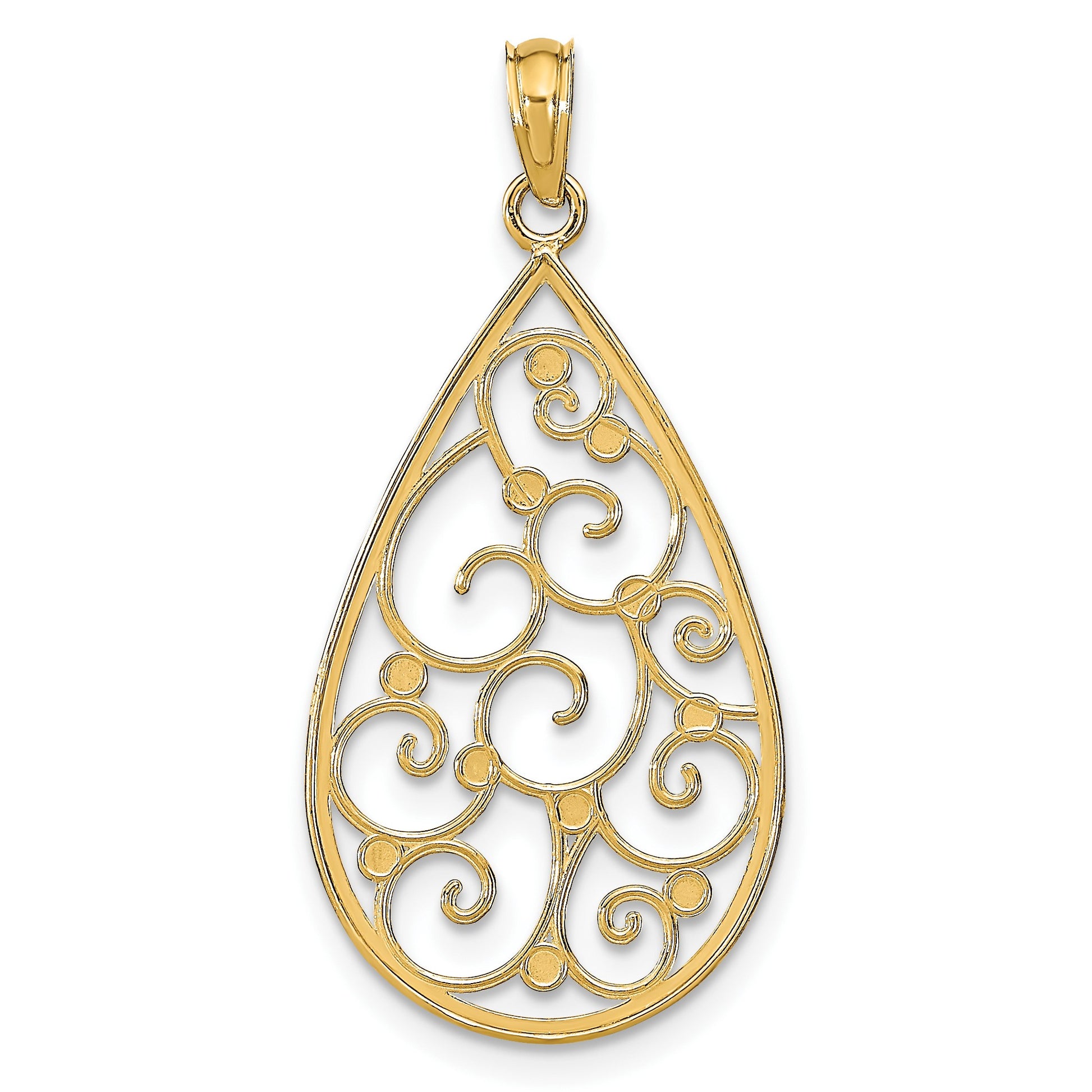 14k and White Rhodium Beaded Filigree Diamond-cut Teardrop Charm