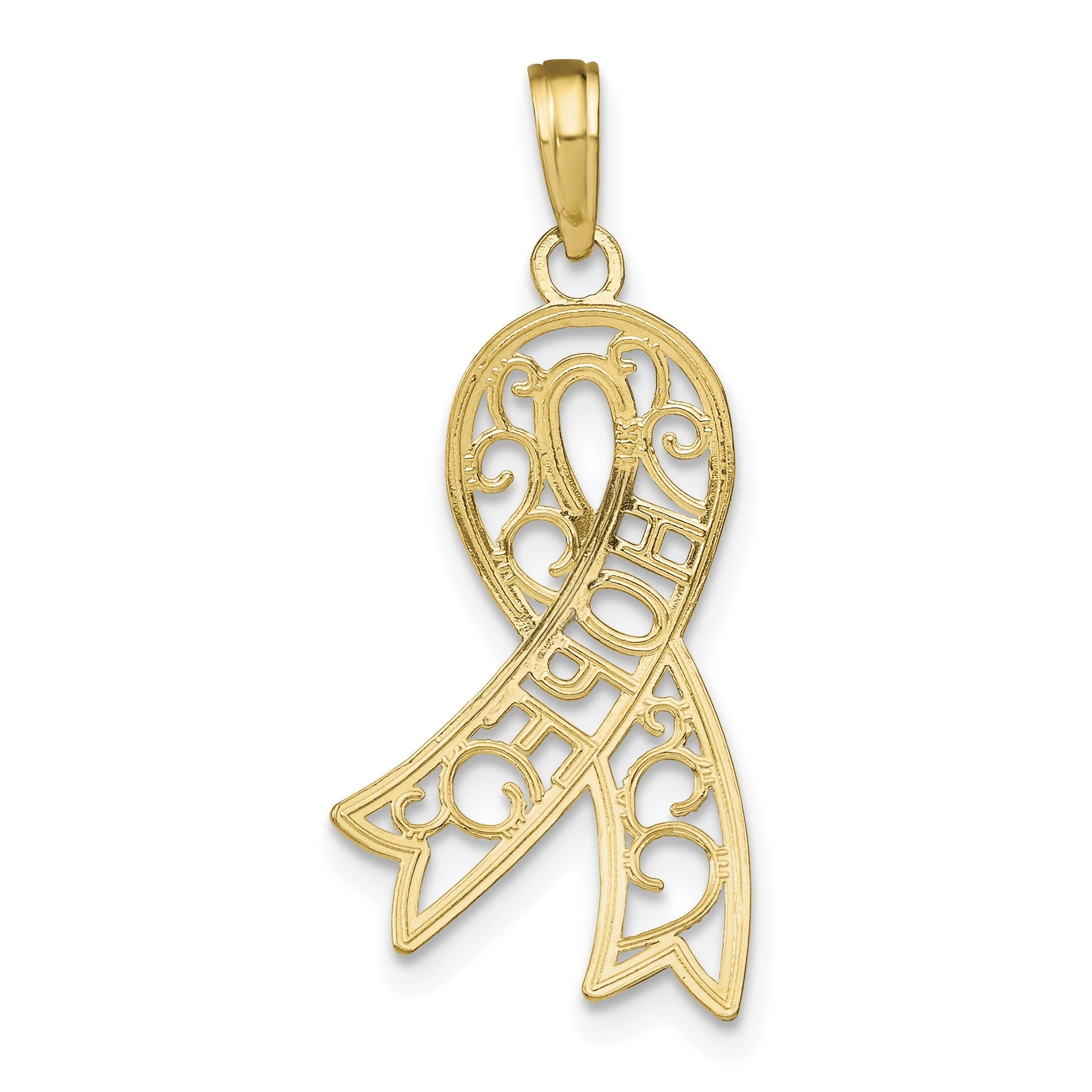 14k and White Rhodium Filigree Awareness Ribbon HOPE Charm