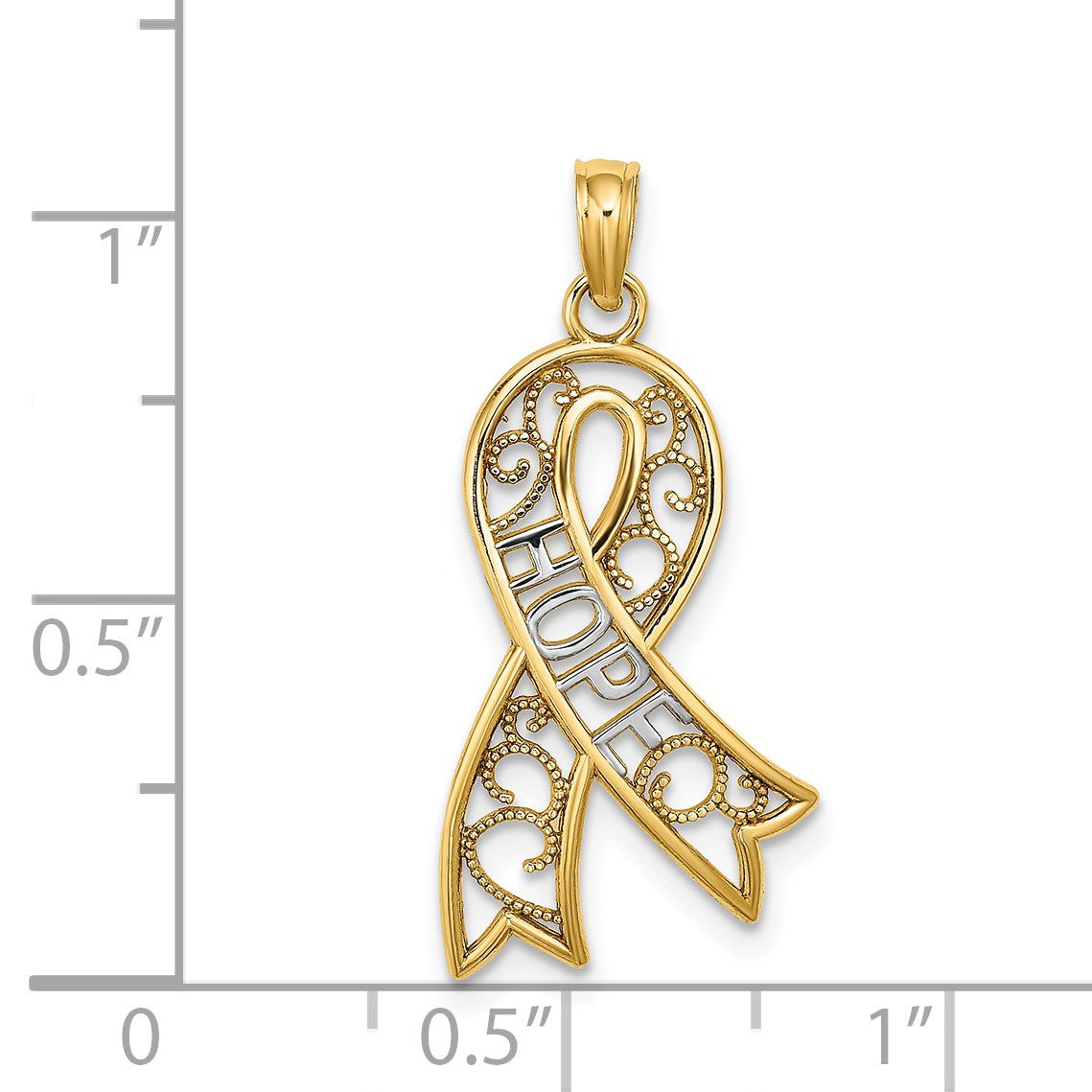 14k and White Rhodium Filigree Awareness Ribbon HOPE Charm