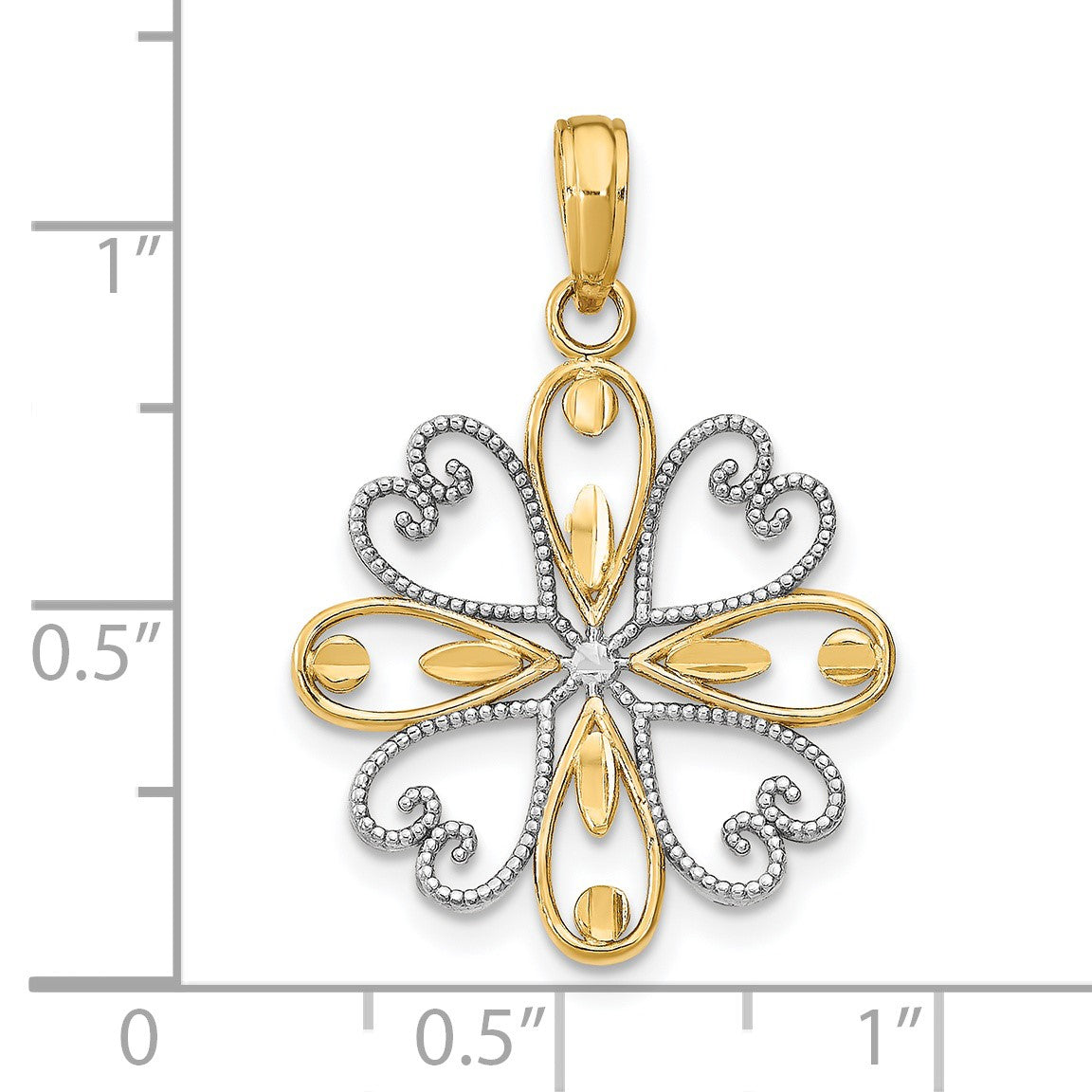 14K and White Rhodium Beaded Heart Petals Flower Charm