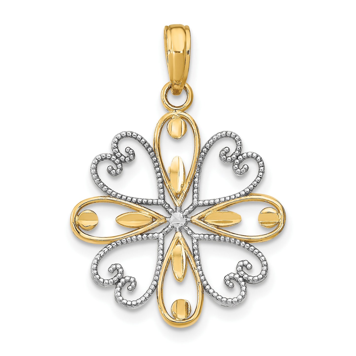 14K and White Rhodium Beaded Heart Petals Flower Charm