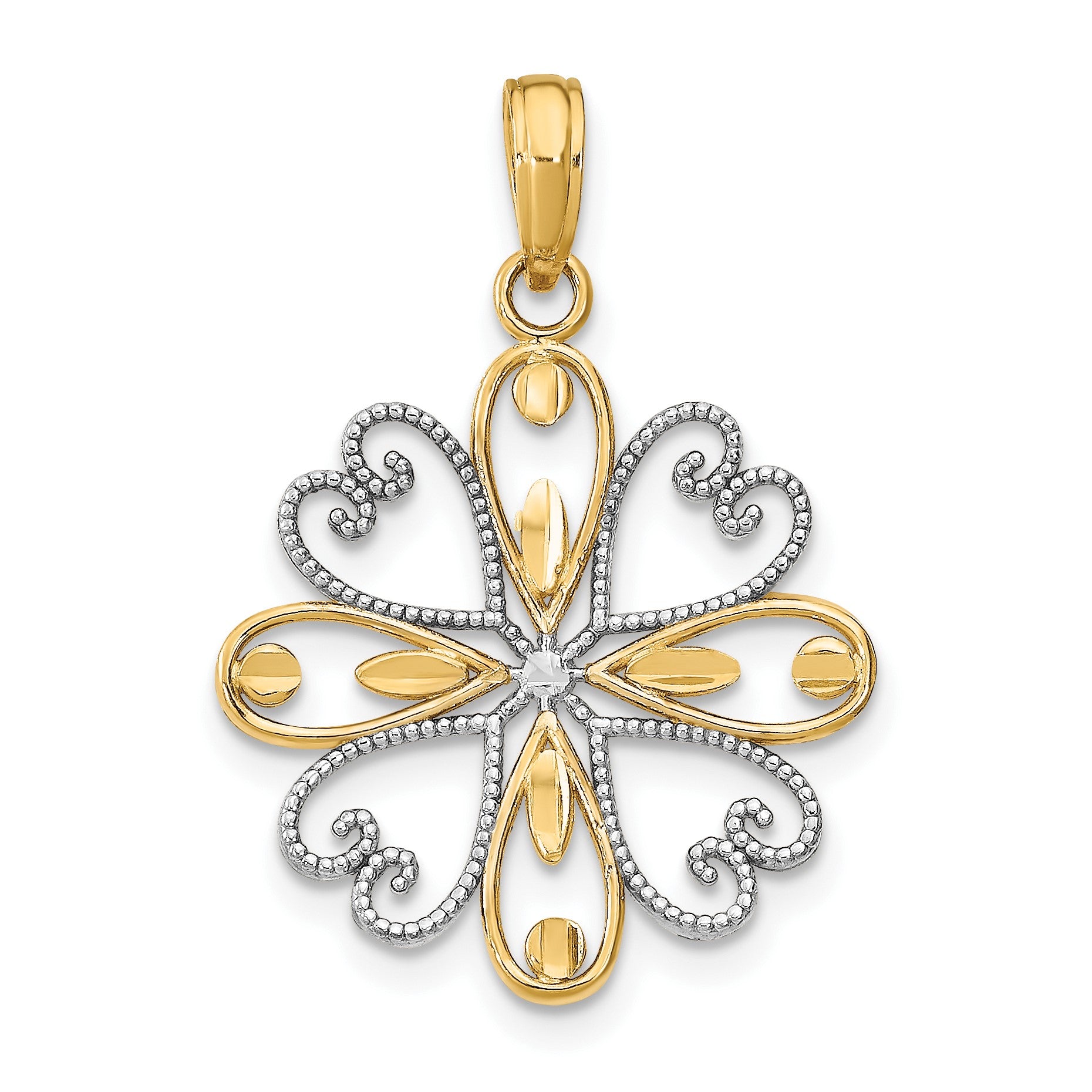 14K and White Rhodium Beaded Heart Petals Flower Charm