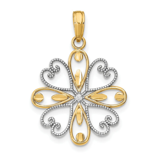 14K and White Rhodium Beaded Heart Petals Flower Charm
