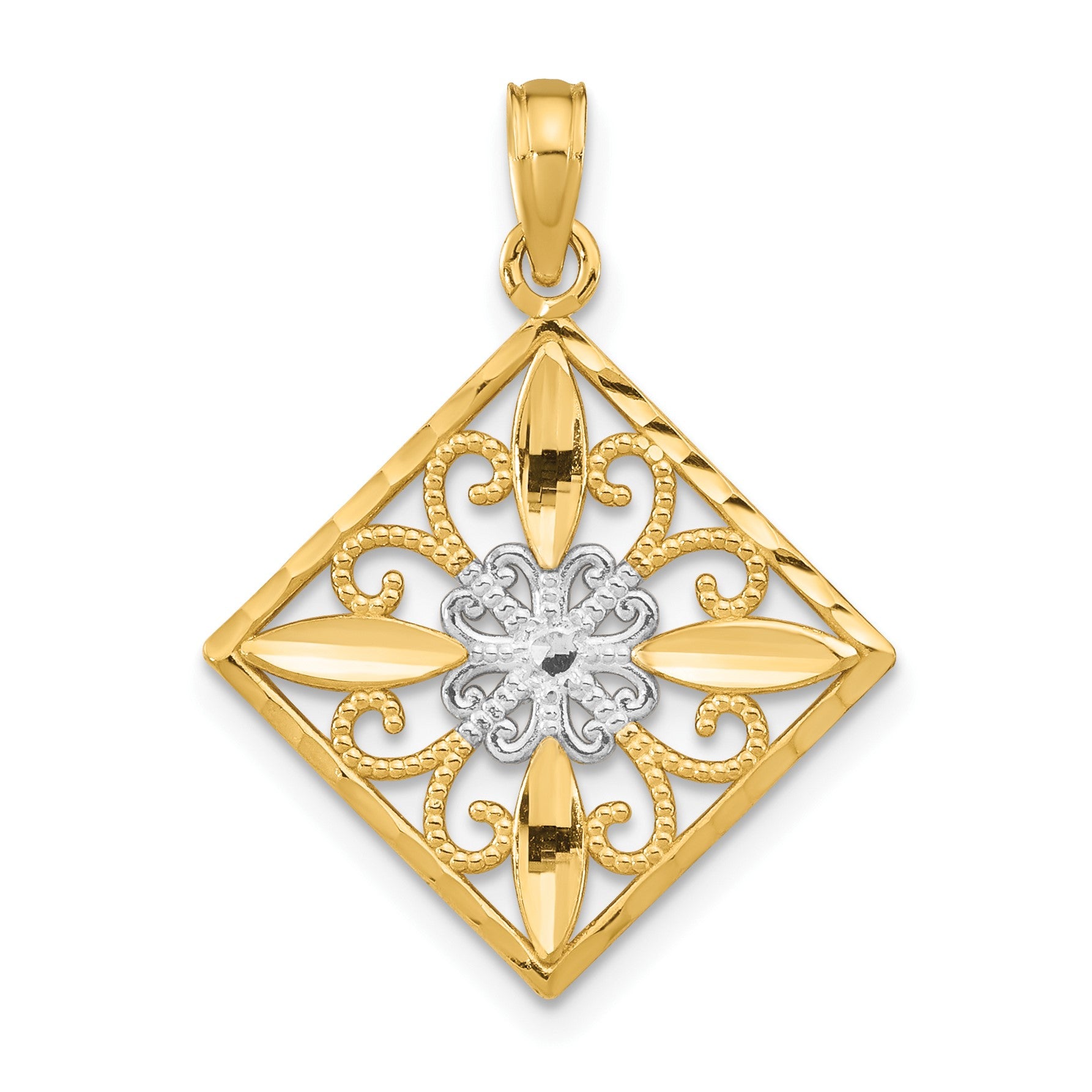 14K and White Rhodium Flower and Cross Square Charm