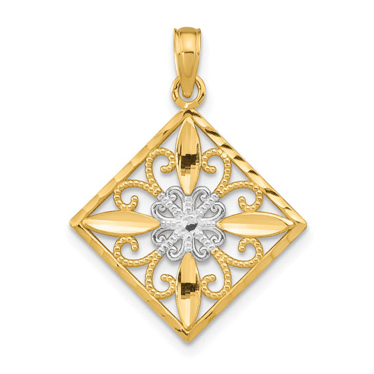 14K and White Rhodium Flower and Cross Square Charm
