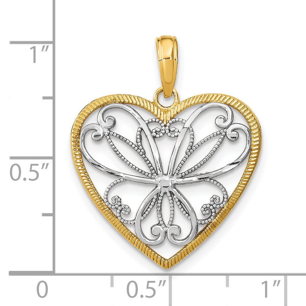 14k and White Rhodium Filigree Heart Charm