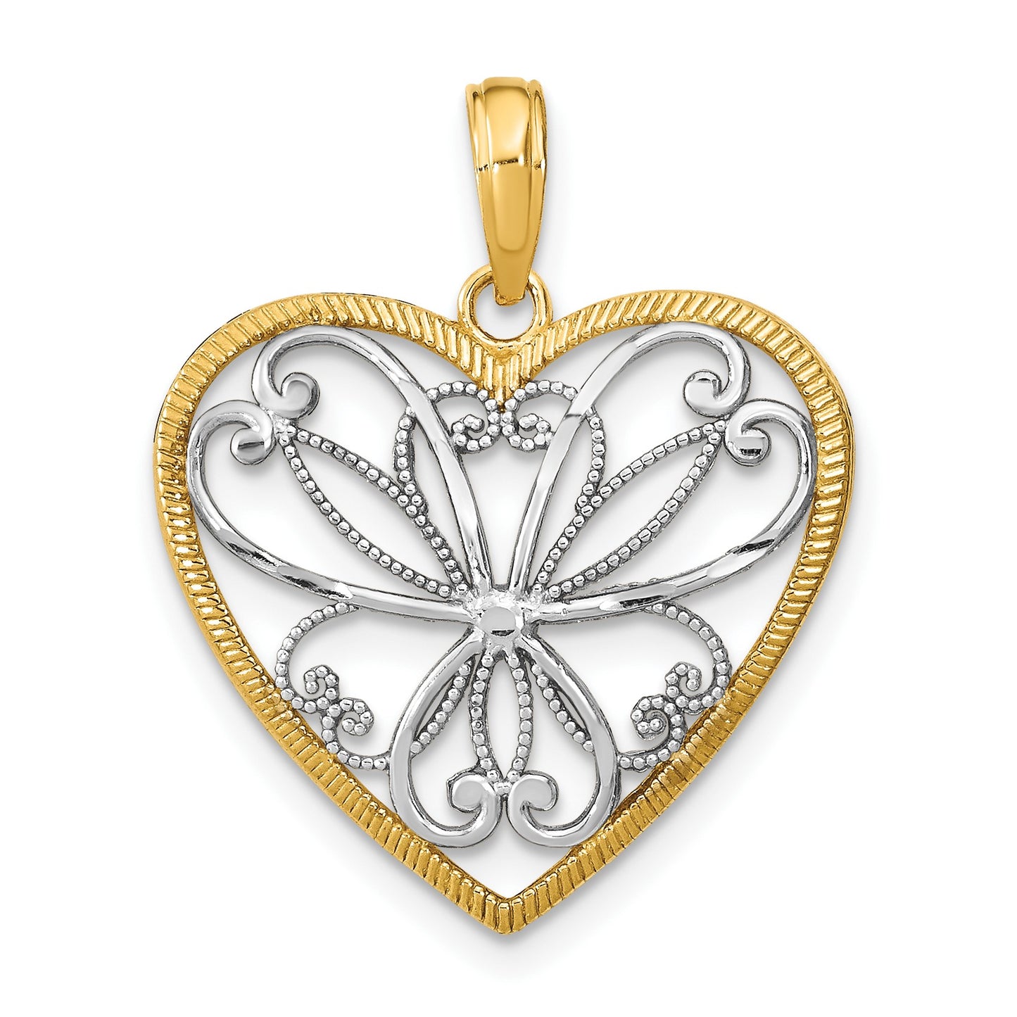 14k and White Rhodium Filigree Heart Charm