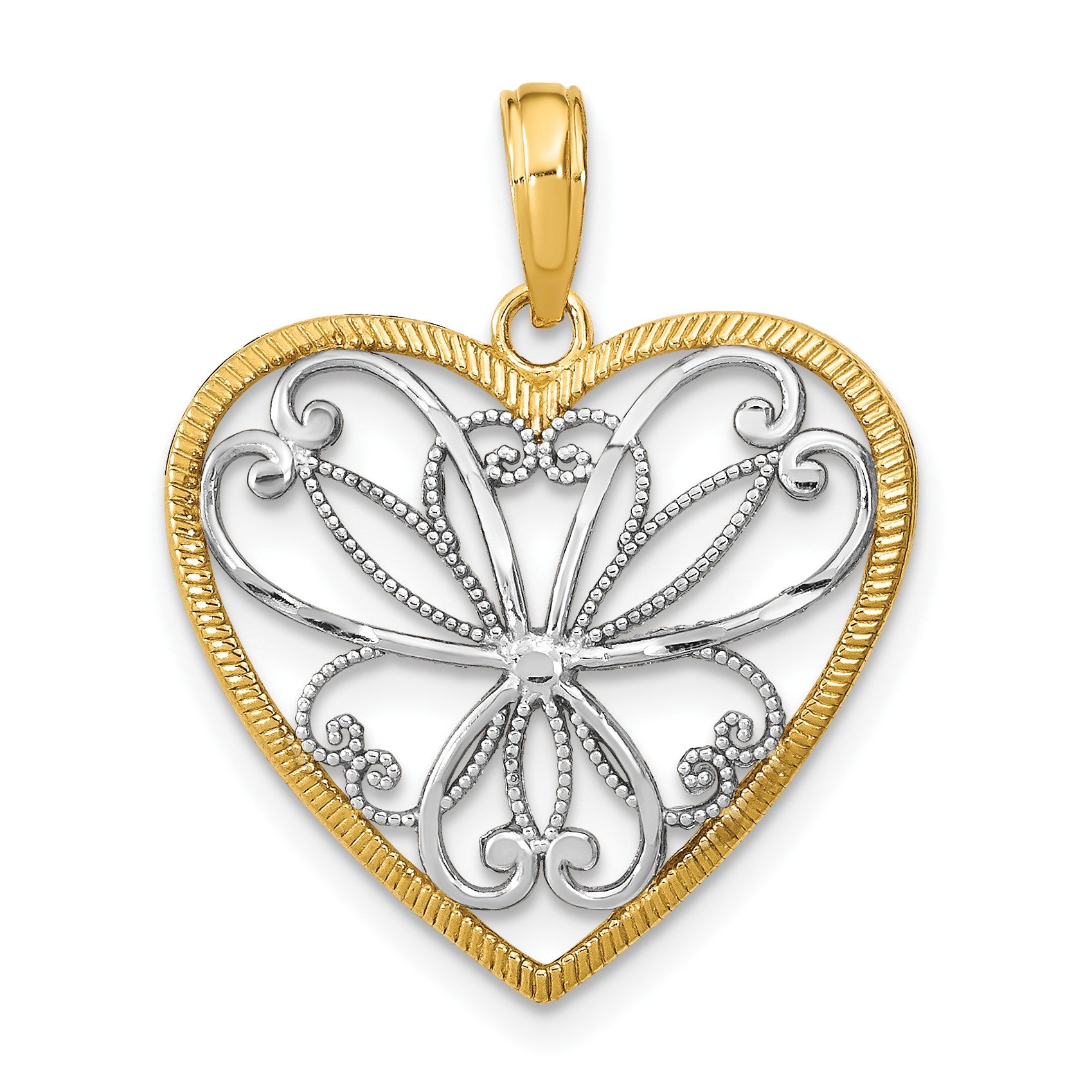 14k and White Rhodium Filigree Heart Charm