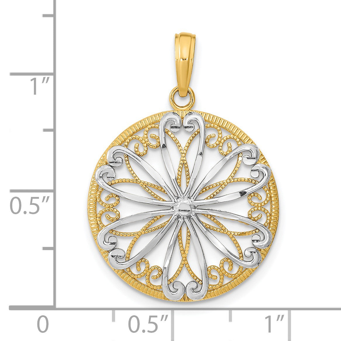14K and White Rhodium Filigree Center Round Charm