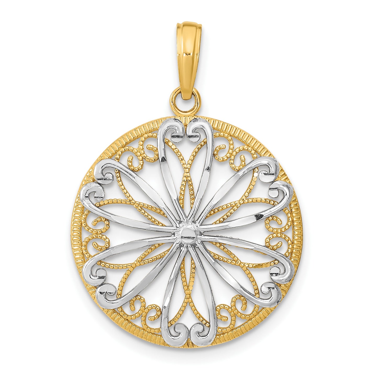 14K and White Rhodium Filigree Center Round Charm