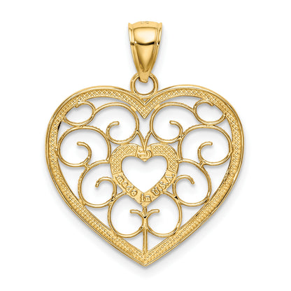 14k and White Rhodium Filigree Heart Charm