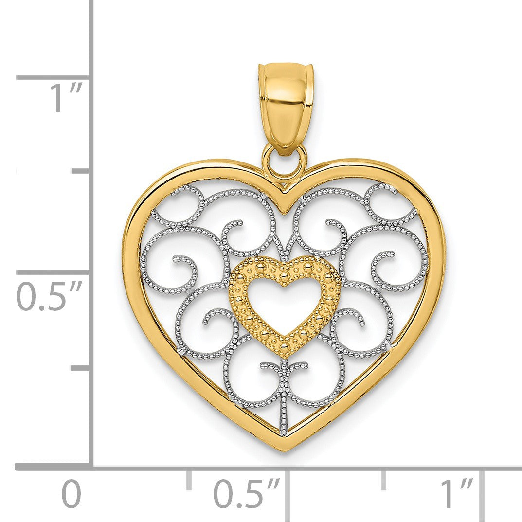 14k and White Rhodium Filigree Heart Charm