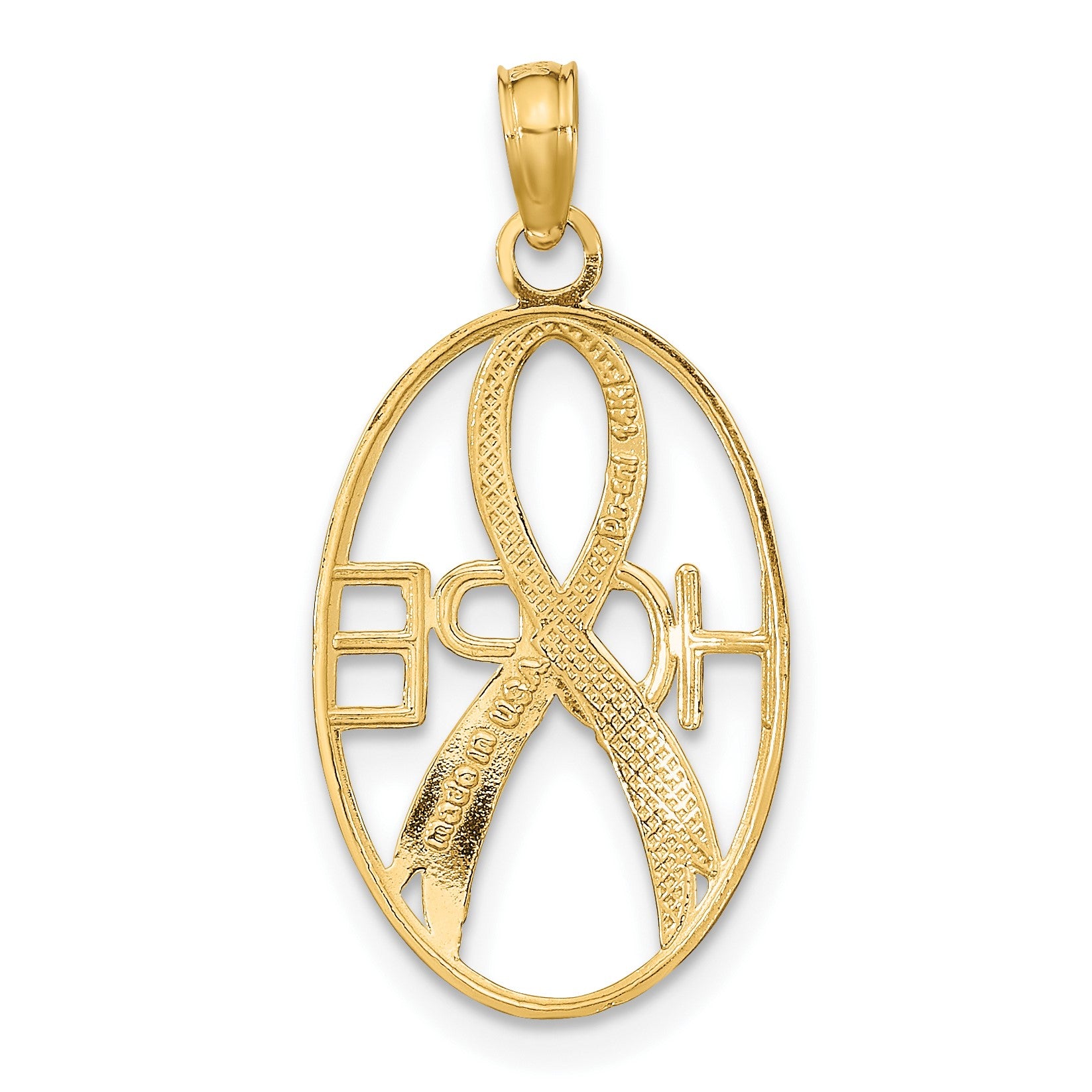 14k and White Rhodium Textured HOPE Awareness Ribbon in Oval Charm