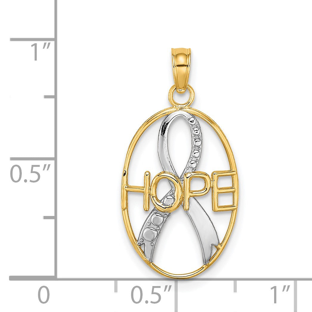 14k and White Rhodium Textured HOPE Awareness Ribbon in Oval Charm