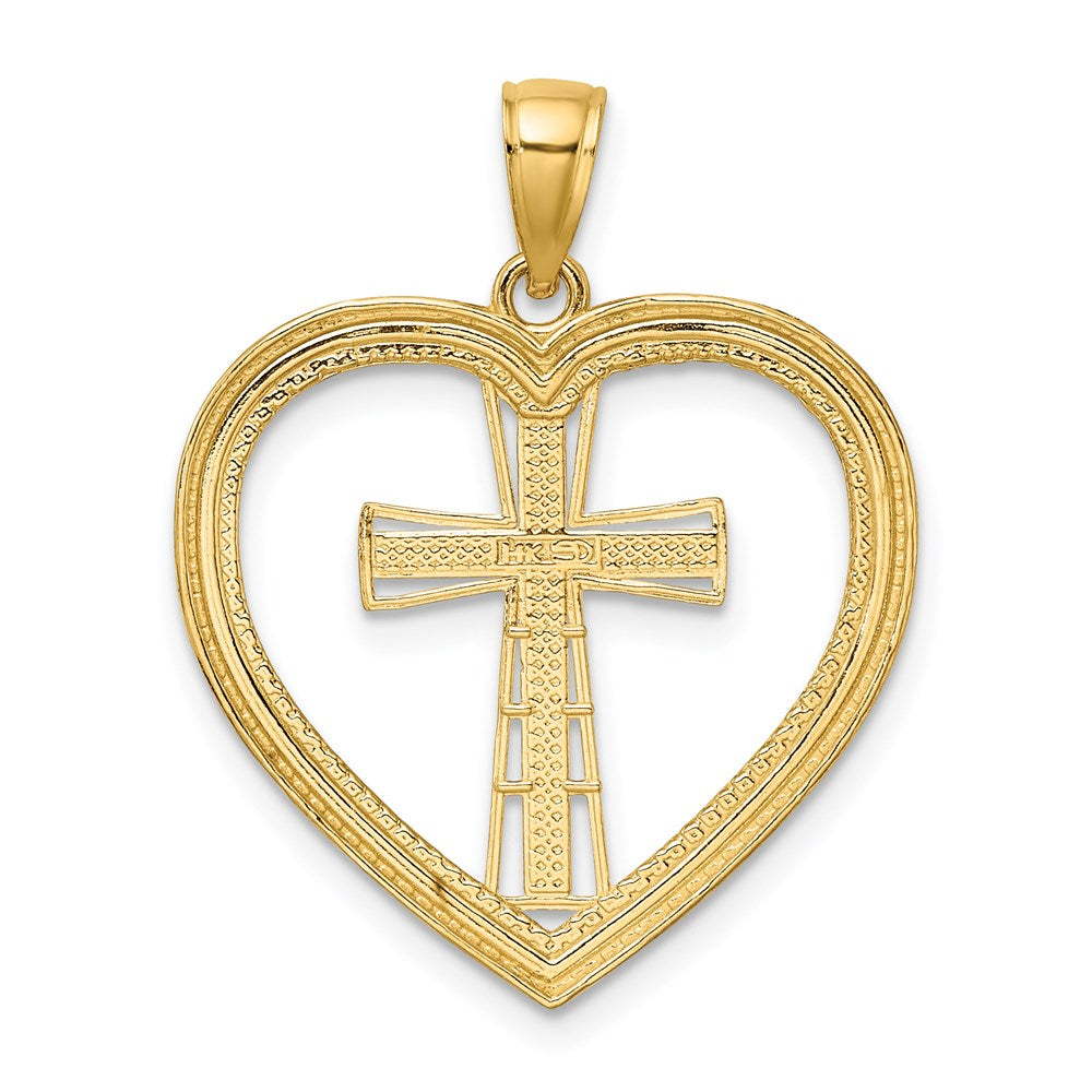 14K & White Rhodium Heart W/White Cross In Center Charm