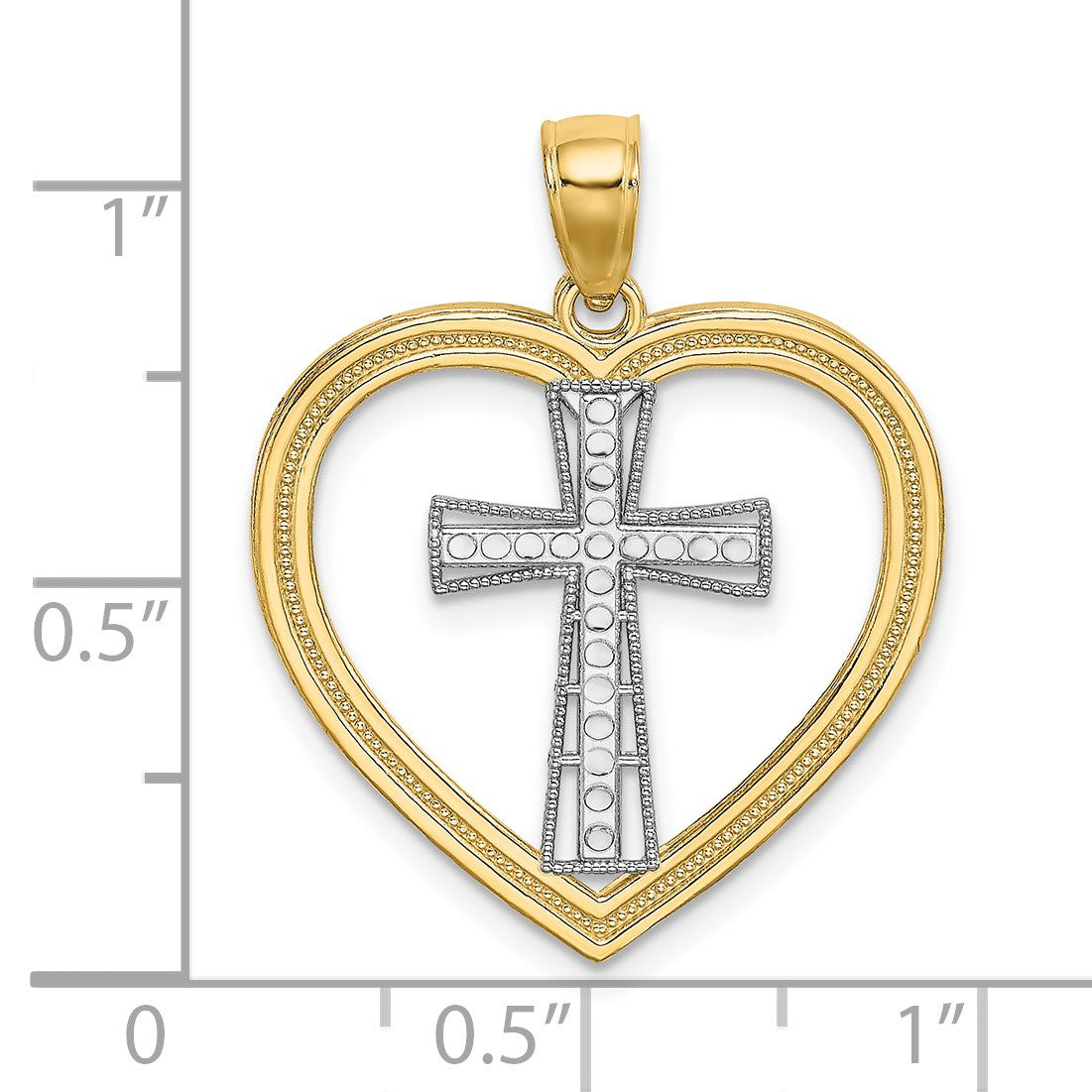 14K and White Rhodium Heart with White Cross In Center Charm