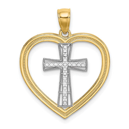 14K & White Rhodium Heart W/White Cross In Center Charm