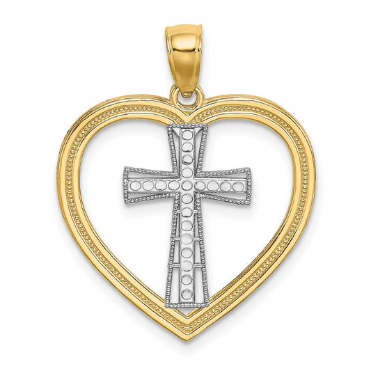 14K & White Rhodium Heart W/White Cross In Center Charm