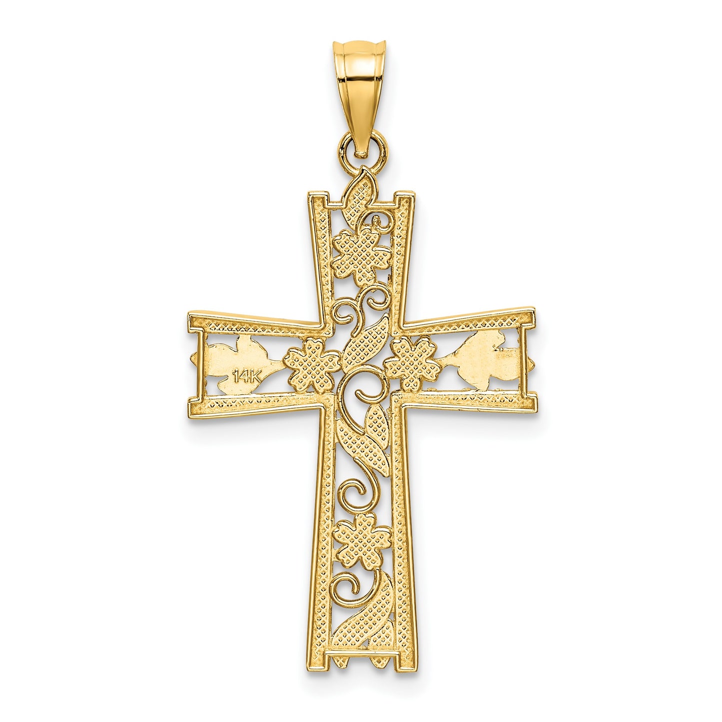 14K and White Rhodium Diamond-cut Flower Design Cross Charm