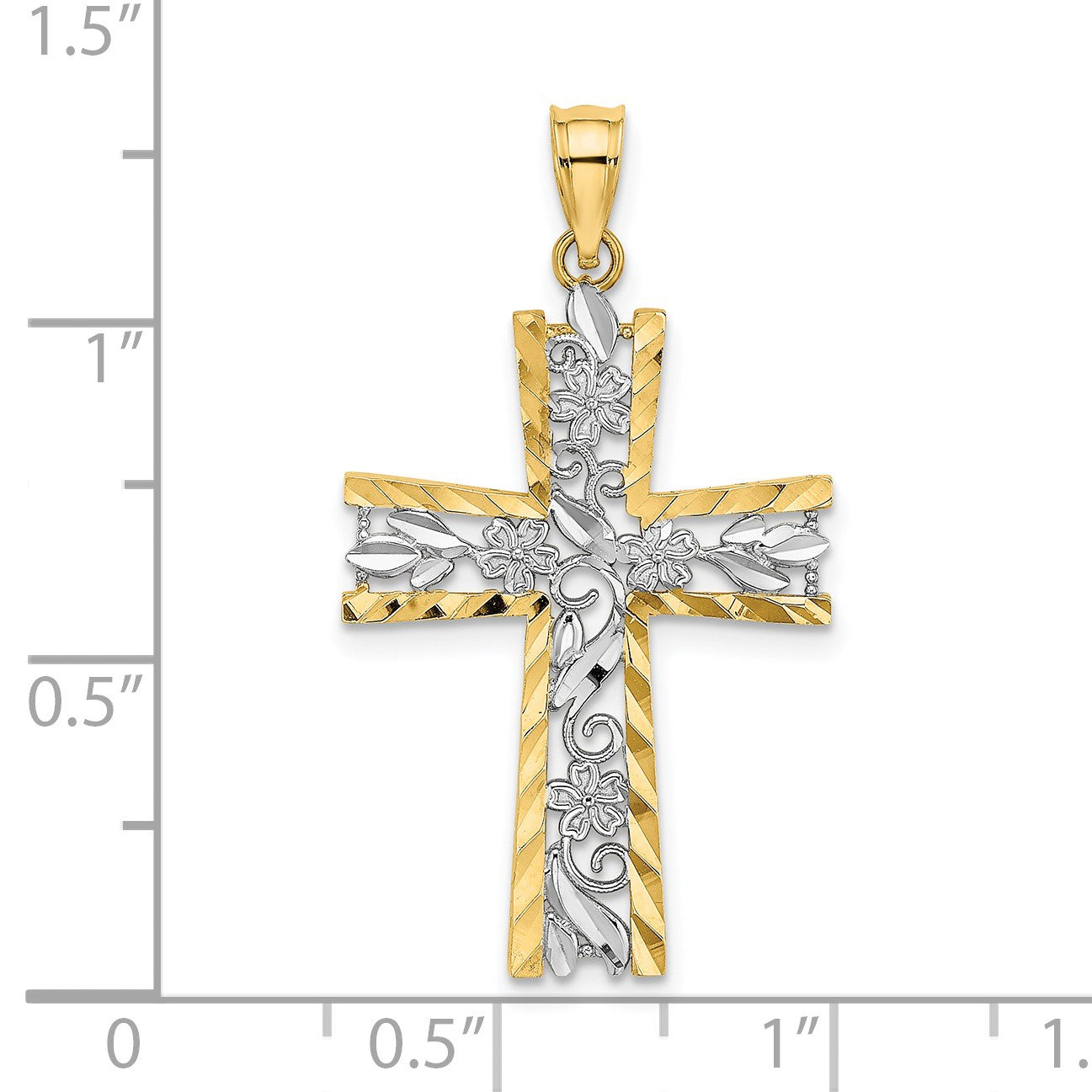 14K and White Rhodium Diamond-cut Flower Design Cross Charm