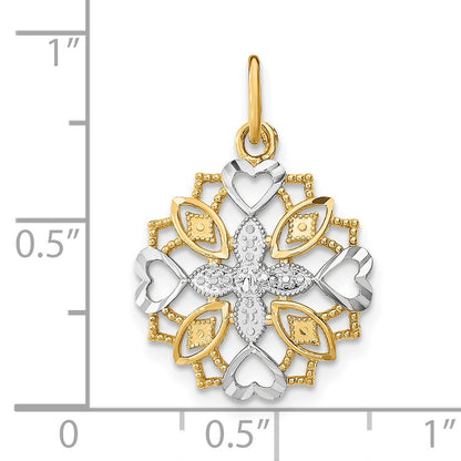 14K and White Rhodium Center Flower and Heart Charm