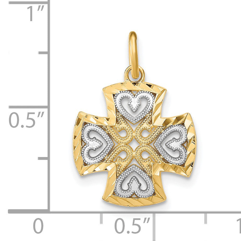 14K and White Rhodium Medium Diamond-cut Hearts Maltese Cross Charm