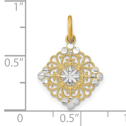 14K and White Rhodium and Diamond-cut Filigree Medallion Charm