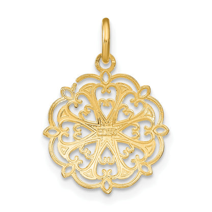 14K and White Rhodium and Diamond-cut Filigree Heart Round Charm
