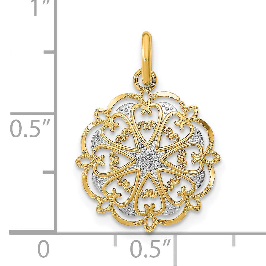 14K and White Rhodium and Diamond-cut Filigree Heart Round Charm