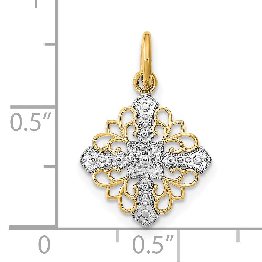 14K and White Rhodium Diamond-cut Filigree Medallion Charm