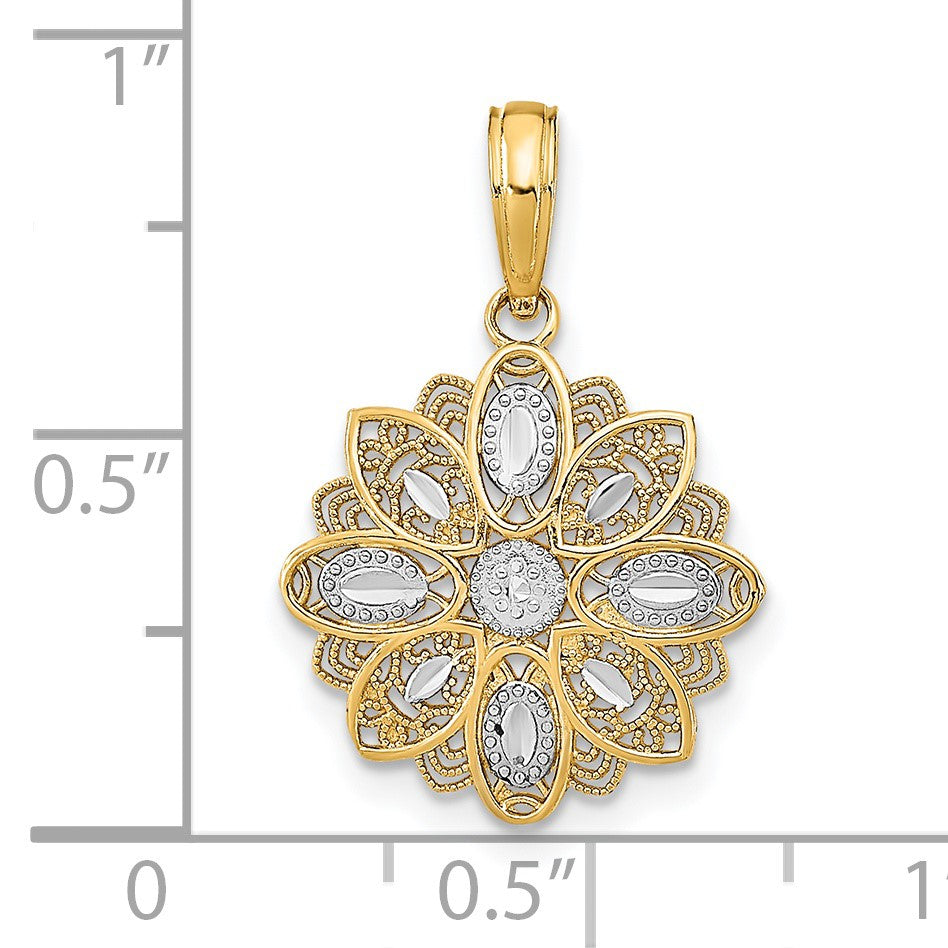 14K and White Rhodium and Diamond-cut  Filigree Flower Charm