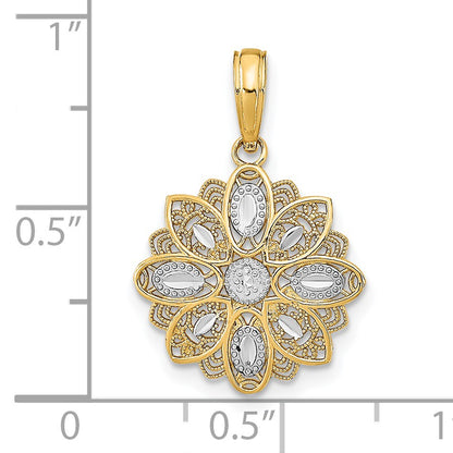 14K and White Rhodium and Diamond-cut  Filigree Flower Charm
