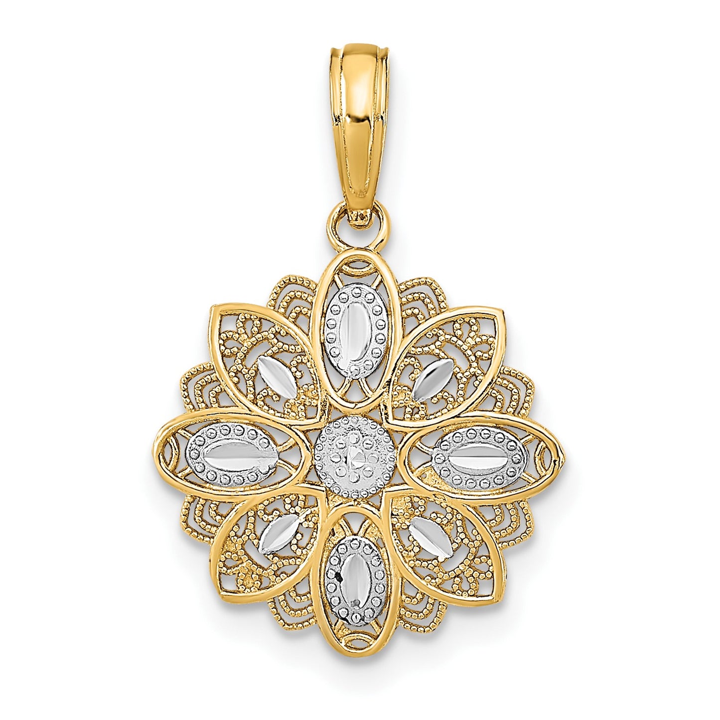 14K and White Rhodium and Diamond-cut  Filigree Flower Charm