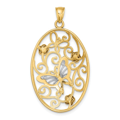 14k Two-Tone with Rhodium Butterfly and Flowers in Oval Frame Charm