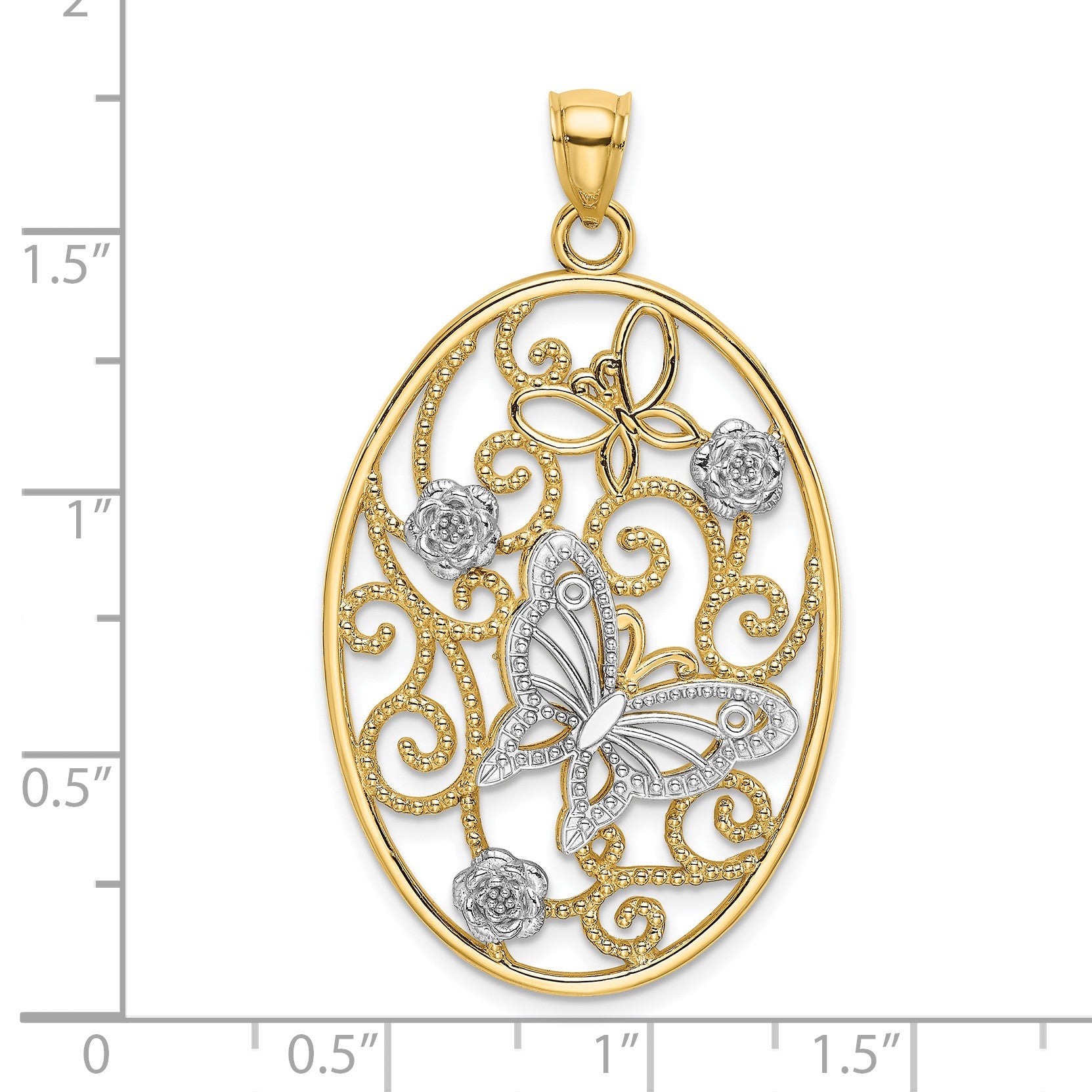 14k Two-Tone with Rhodium Butterfly and Flowers in Oval Frame Charm